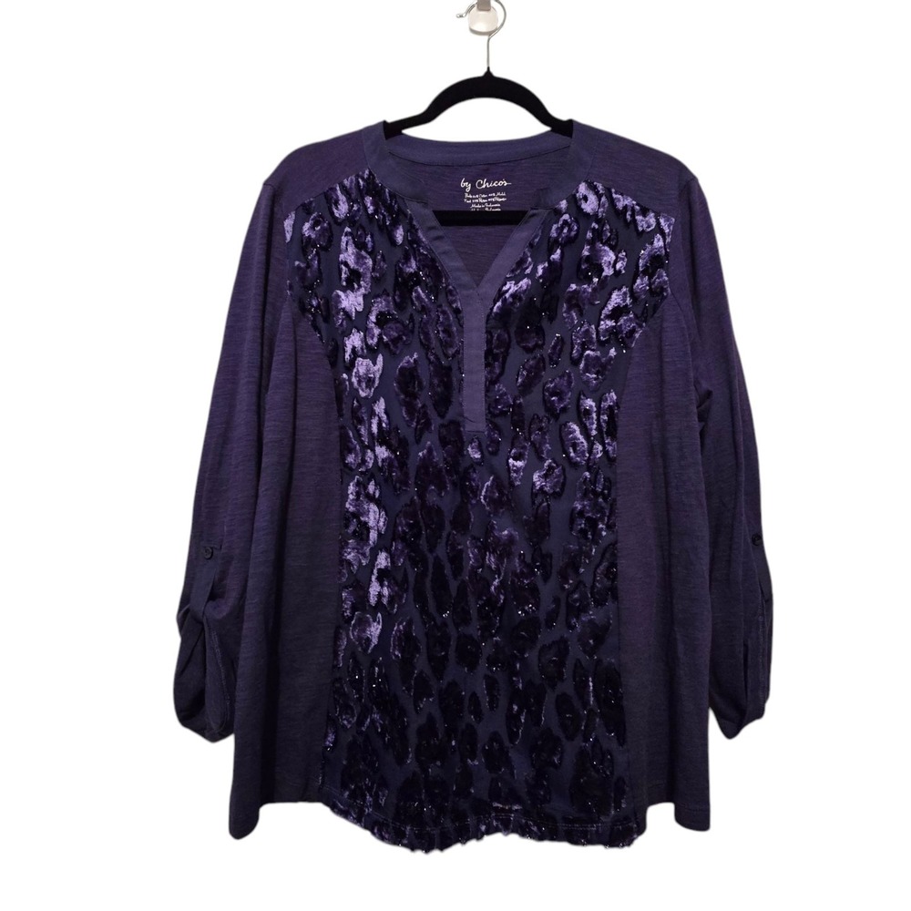 Chicos Womens Becky Burnout Velvet Top L Purple Leopard Whimsigoth Dark Romantic